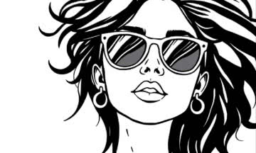 A beautiful girl wearing sun glasses, thick outlines, thick lines, high contrast, black and white, white canvas, simple, outlined line