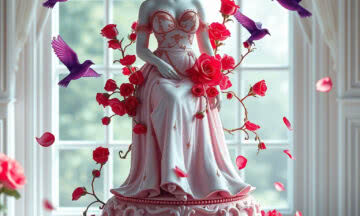 Create a realistic image: "An elegant, detailed sculpture of a woman made of rose porcelain, sitting in a graceful pose