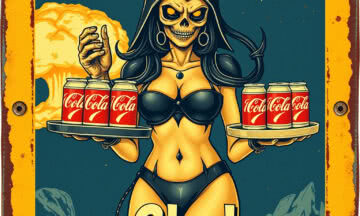 Fallout PC game, A vintage, weathered metal sign with a ghul-girl at the center, in a dark steel bikini armour,