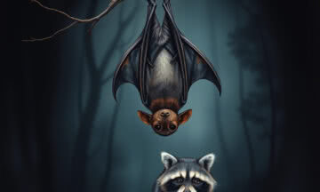 Hyperrealism airbrushed acrylic oil illustration. a cute tiny bat hanging upside down from a bare tree branch