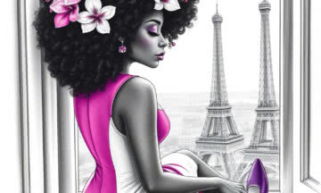 Stylized, aesthetic, graphite pencil drawing with white, fuchsia and purple colors from profile of an unreal African-American flawless female sitting