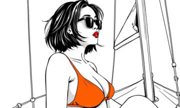 Sexy and fit and slim asian girl wearing sun glasses, tanned skin, short black hair, deep orange tiny bikini, on