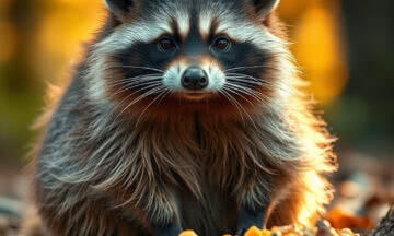 A large, obese racoon, with a round, bloated body, sits crouched on short, at ground. The animal’s coat is a natural color, fluffy fur