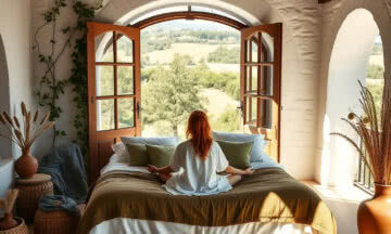 A tranquil, sun-filled bedroom in a rustic country house that seamlessly blends nature and comfort. The room features a cozy…