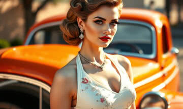 A glamorous 1950s pin-up woman standing by a vintage deep orange car