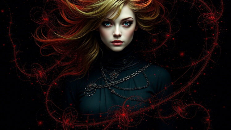 A mystical woman with fiery green hair, her body dissolves into a swirl of red-black particles that form an intricate