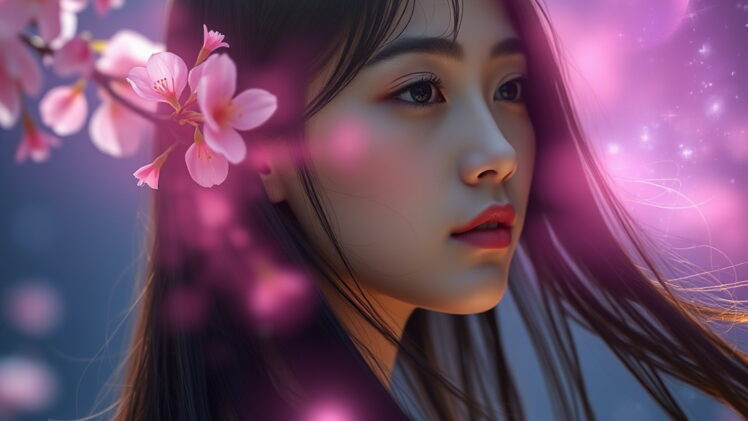 A serene three.quarter portrait of a young Japanese woman with long flowing black hair