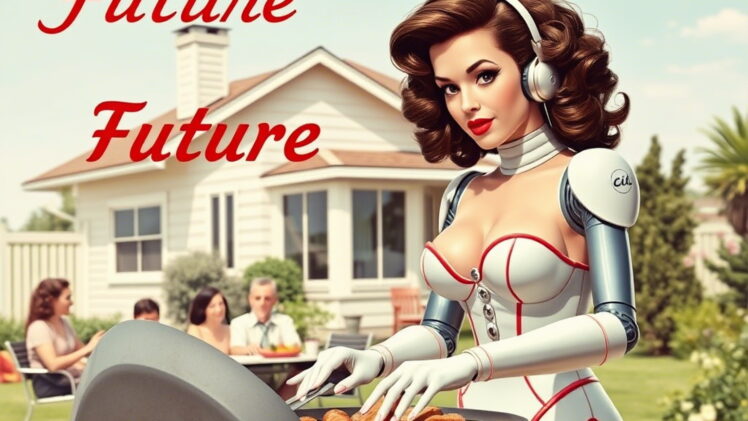A vintage photo in futuristic style of a busty android with brown curly hair and red lipstick at the center