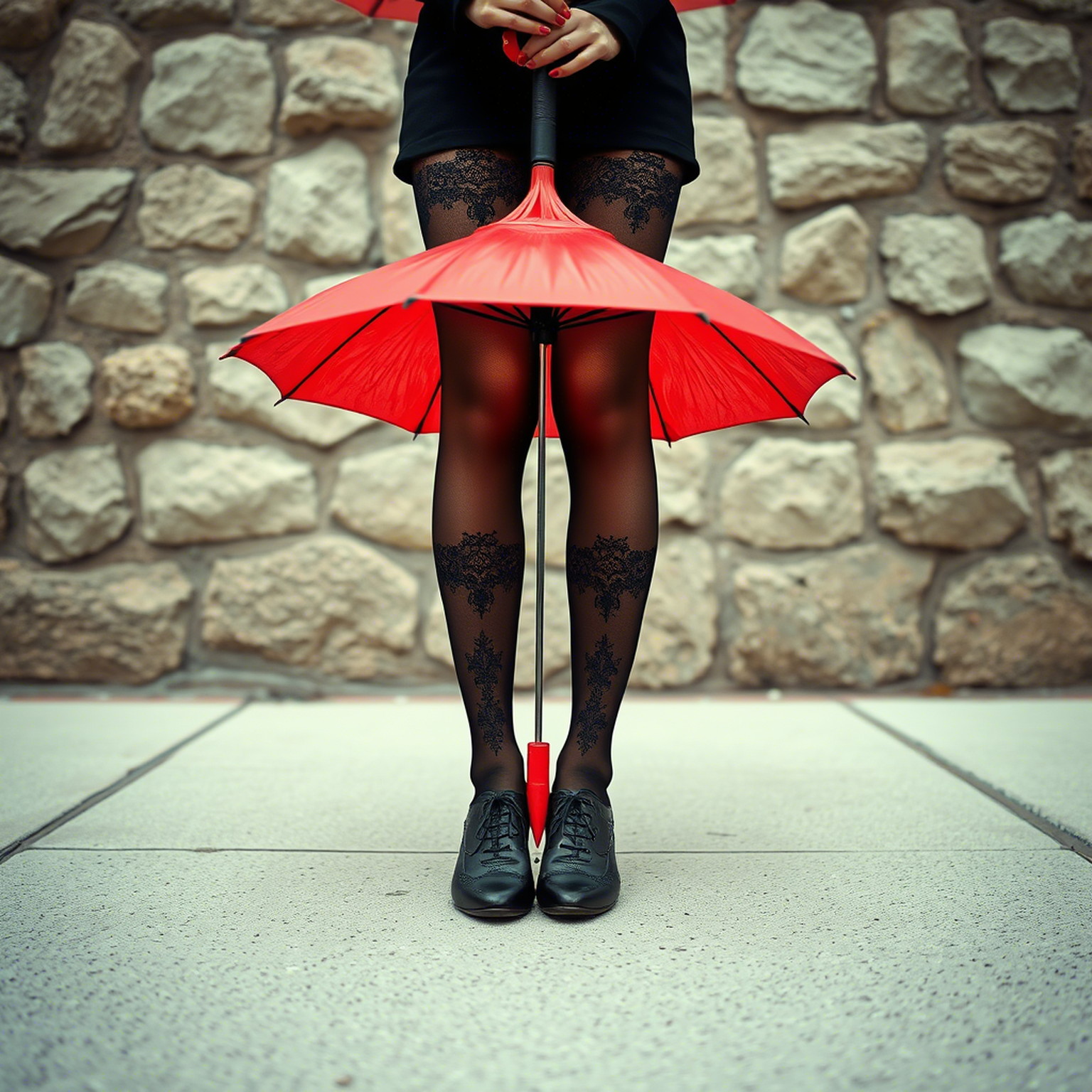 A striking image featuring two long legs, adorned with black lace stockings, standing proudly on a light, textured sidewalk. The