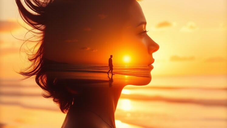 Portrait d’une femme de profil, les cheveux au vent, sur fond de coucher de soleil