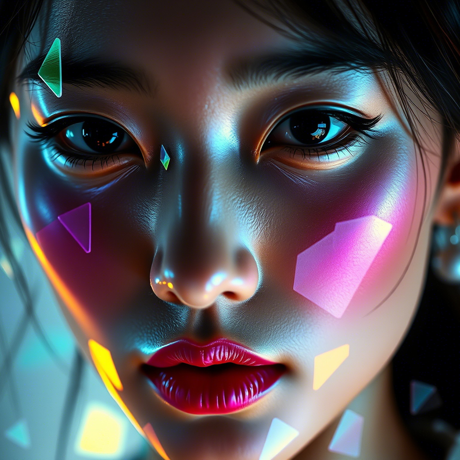 A stunning mosaic portrait of a japanese model, composed of prismatic glass shards reflecting rainbow hues. High-contrast lighting, glossy surfaces
