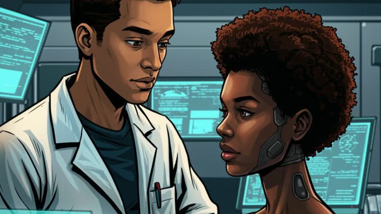 Sztuczna Rozkosz: Afrykańska Bogini AI w Ramionach Człowieka