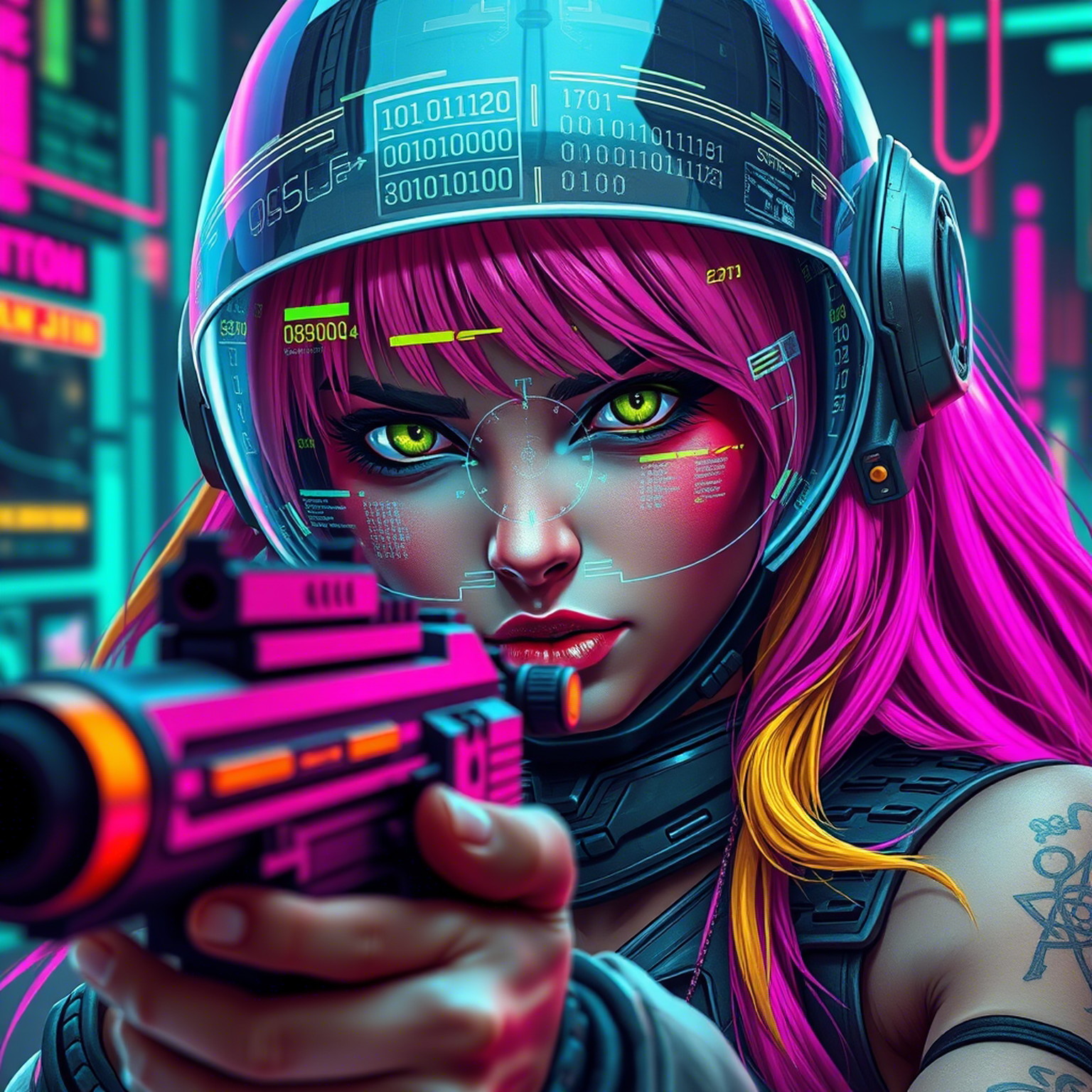 A photorealistic image of a warrior woman aiming a laser pistol with a fierce and focused expression