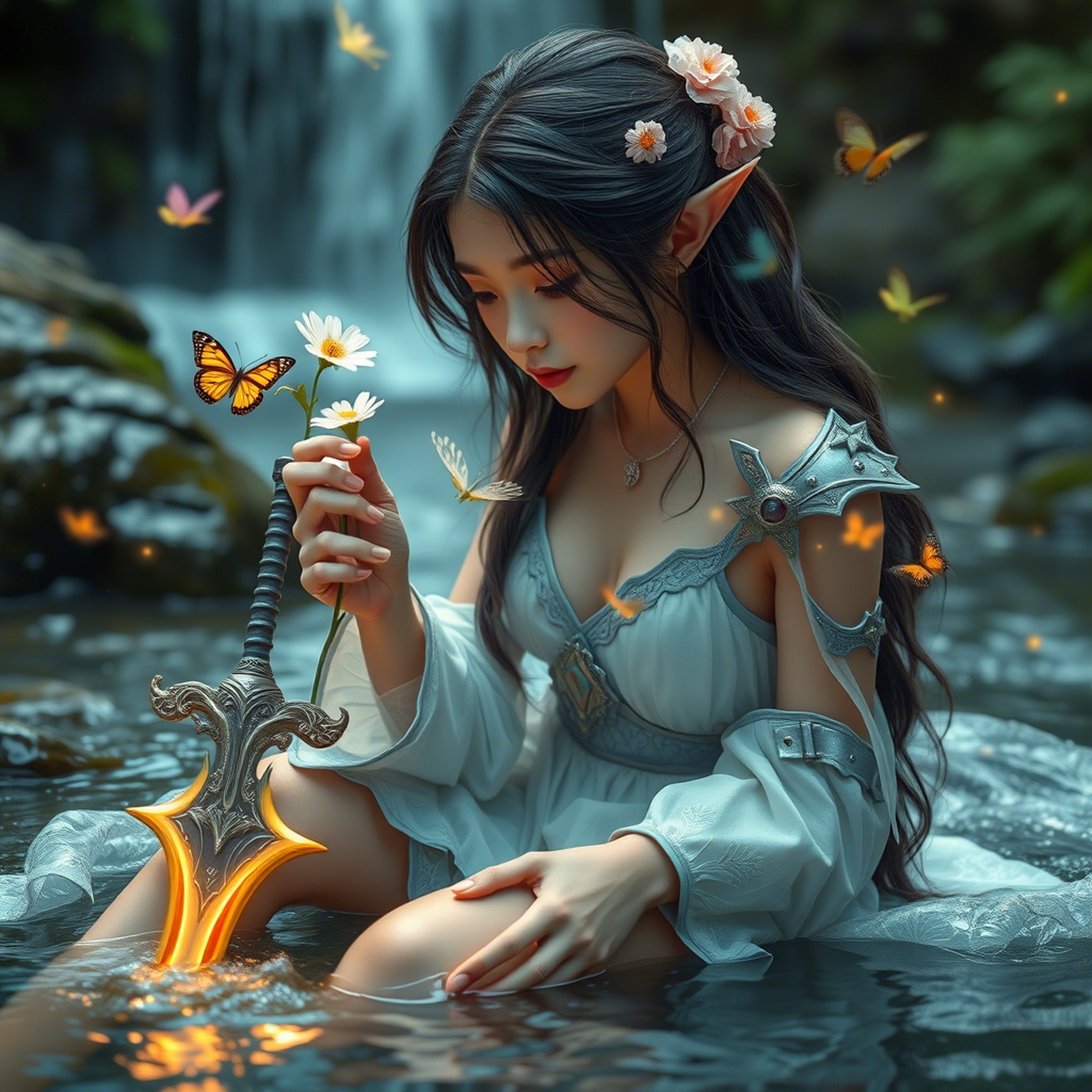A hyperrealistic cinematic shot of an elegant young elf female seated in a flowing stream. Her long