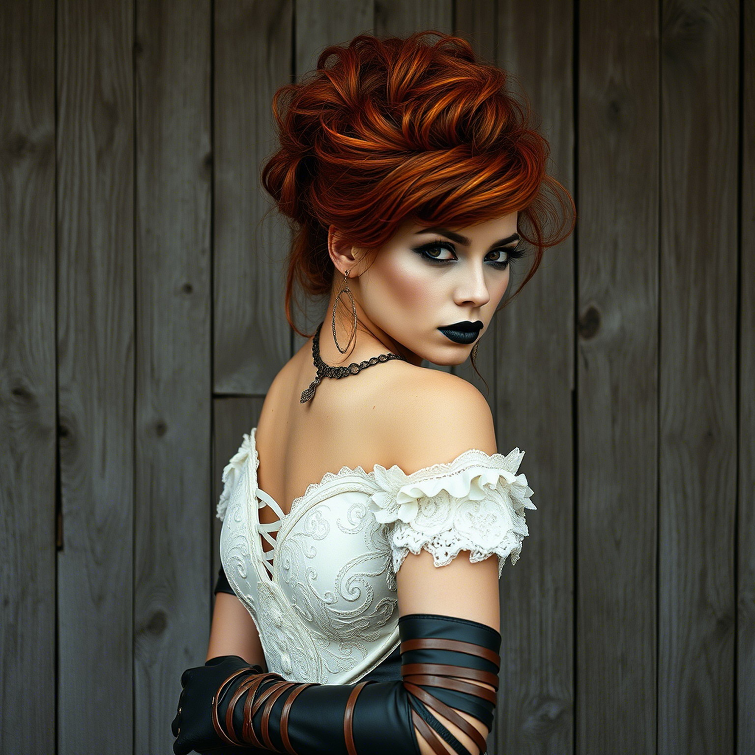 Create a photo of a fierce Victorian-era steampunk woman standing against a weathered wooden wall. She wears an intricately detailed