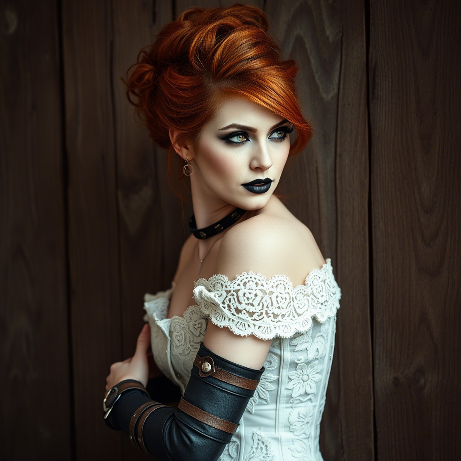Create a photo of a fierce Victorian-era steampunk woman standing against a weathered wooden wall. She wears an intricately detailed