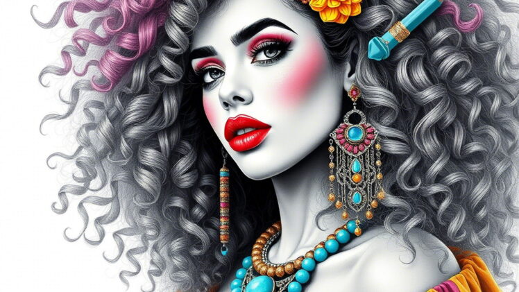 Digital hyper-realistic black and white and pencil drawing of a latino female with vibrant colorful pencil drawn attires in her