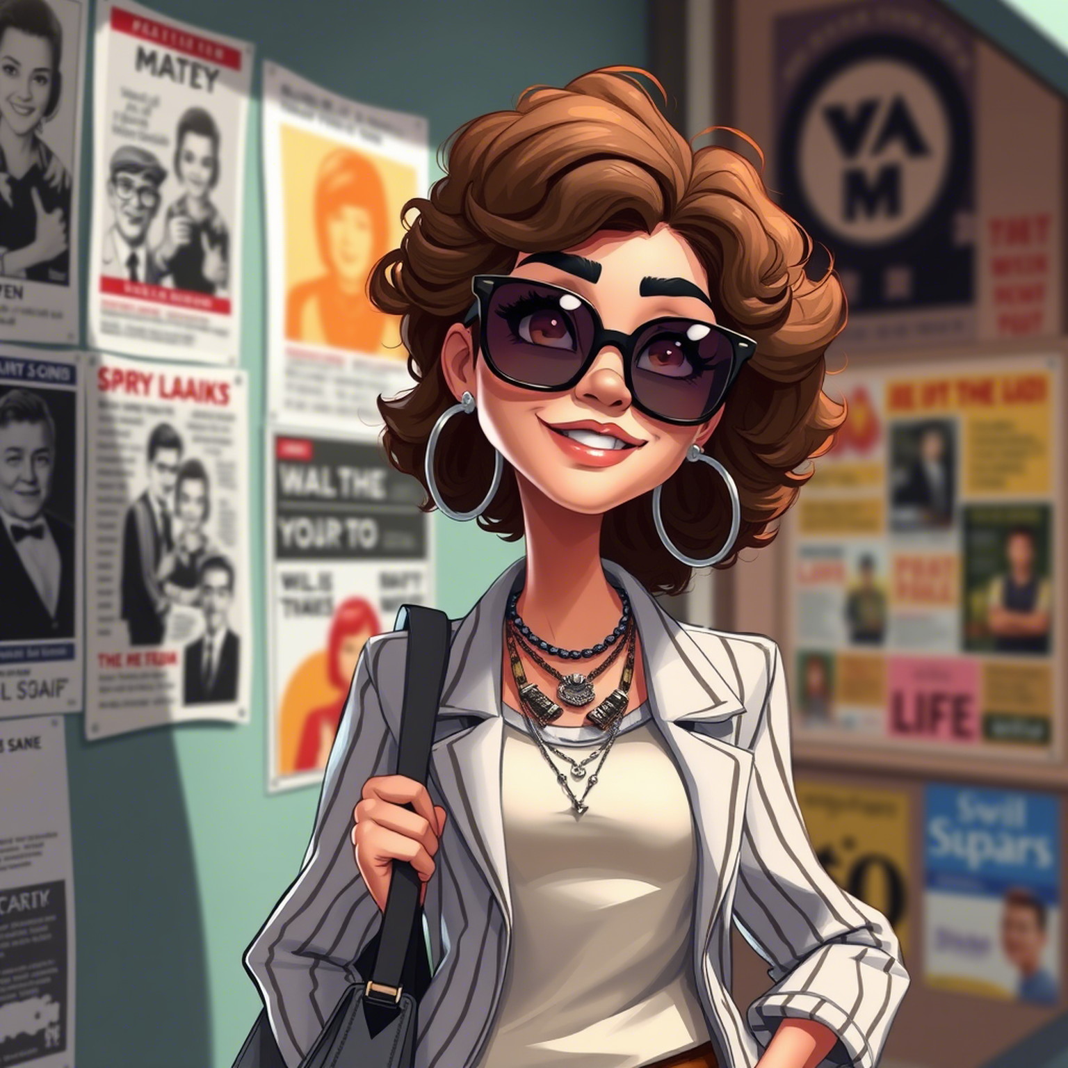 Caricature of a young woman, with exaggerated features, curly brown hair, wearing sunglasses, hoop earrings, layered necklaces, pinstriped jacket, and
