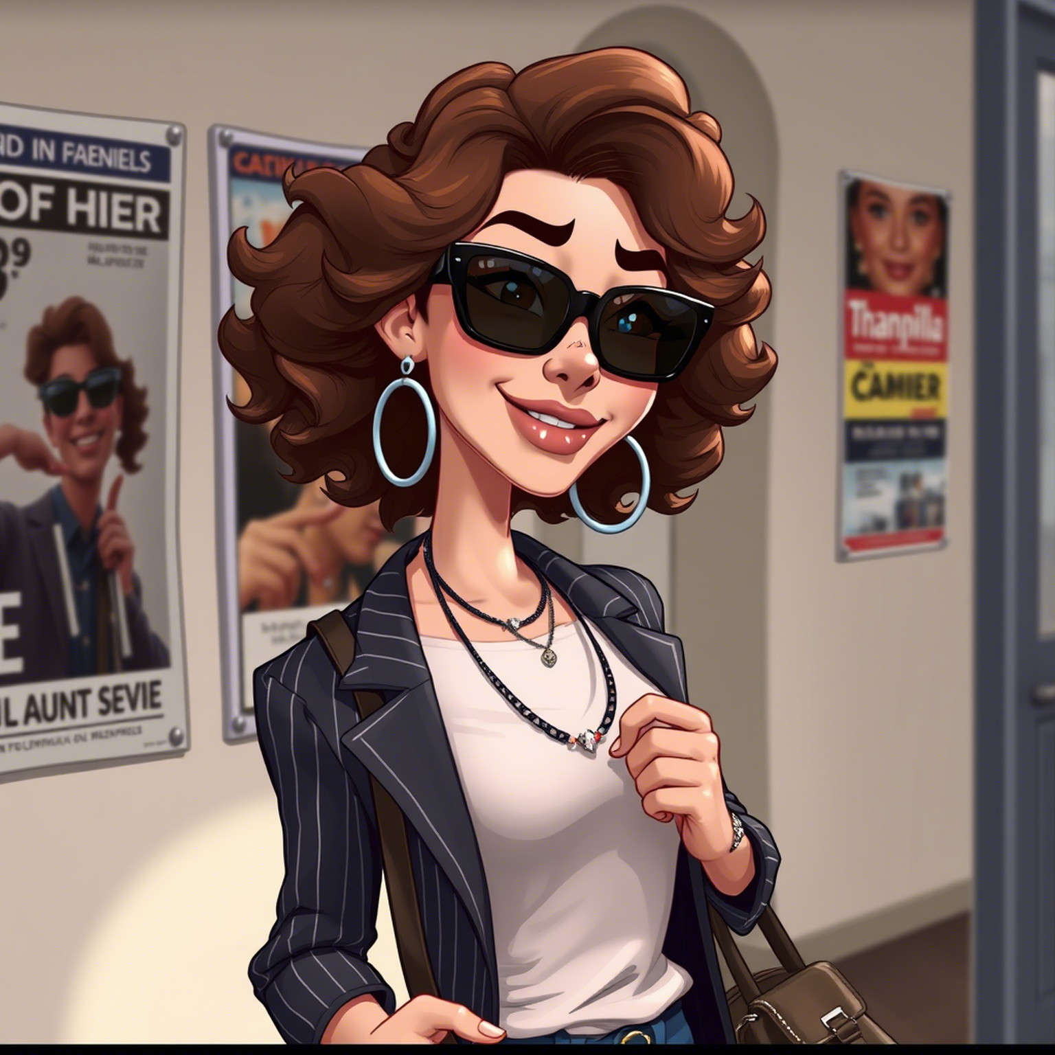 Caricature of a young woman, with exaggerated features, curly brown hair, wearing sunglasses, hoop earrings, layered necklaces, pinstriped jacket, and