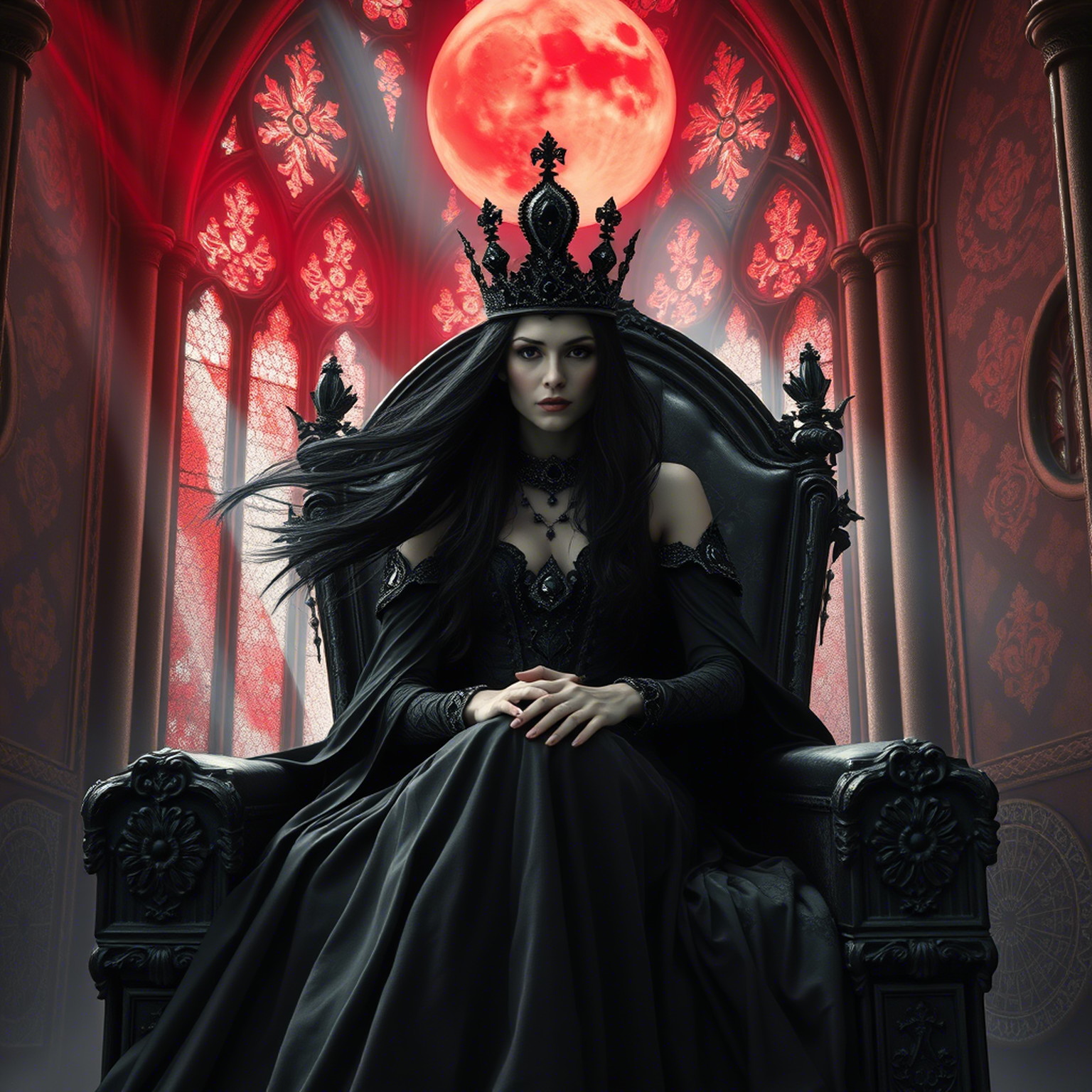 Selene, a lone vampire queen seated on a gothic throne, crimson moonlight falling through shattered cathedral windows, her dark crown