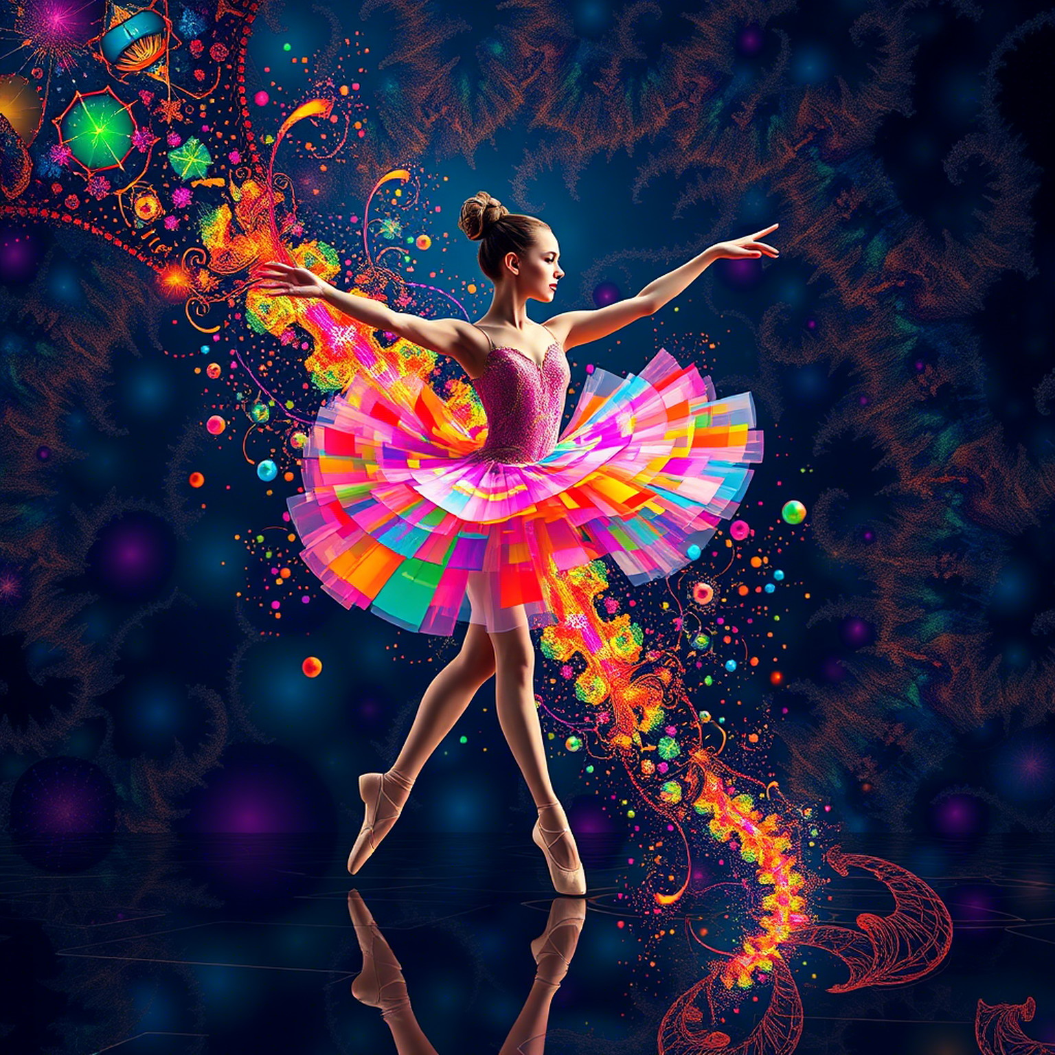 The ballet dancer leaves a trail of scattered colors, a surreal scattering brush effect that forms intricate fractal patterns. Her