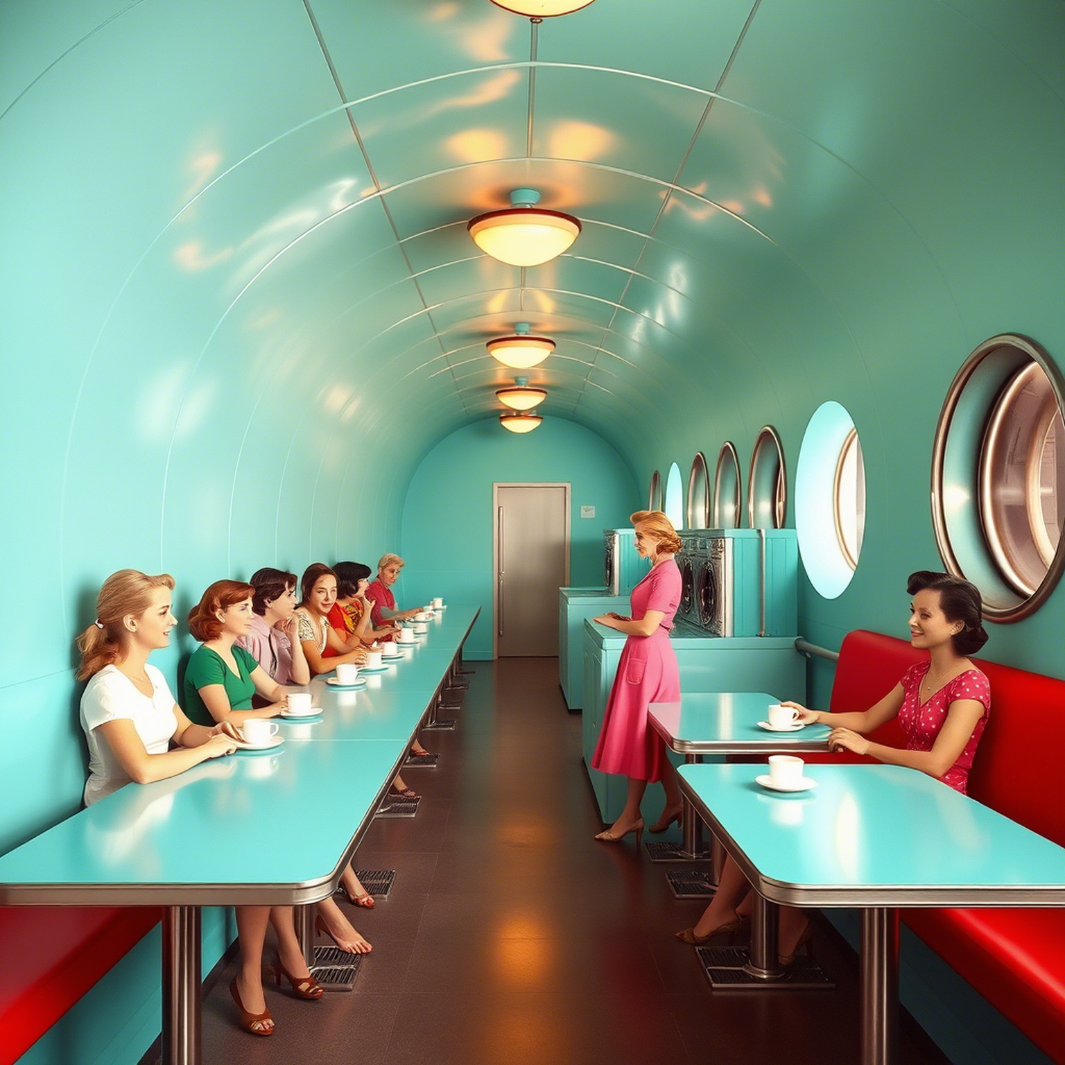Create a colorful 1950s-style photo of a cozy laundromat cafeteria. The space is very long and has a vaulted