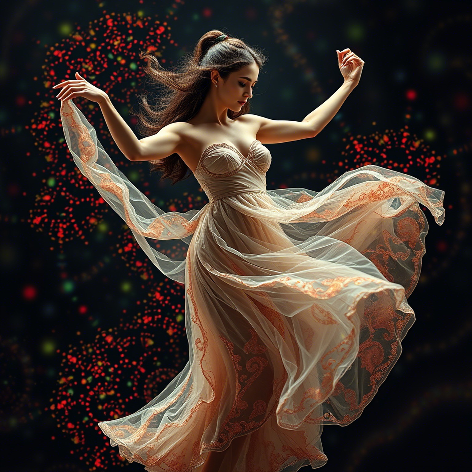 The mystic busty young sexy woman with Slavis features wears semi-transparent dress and dances