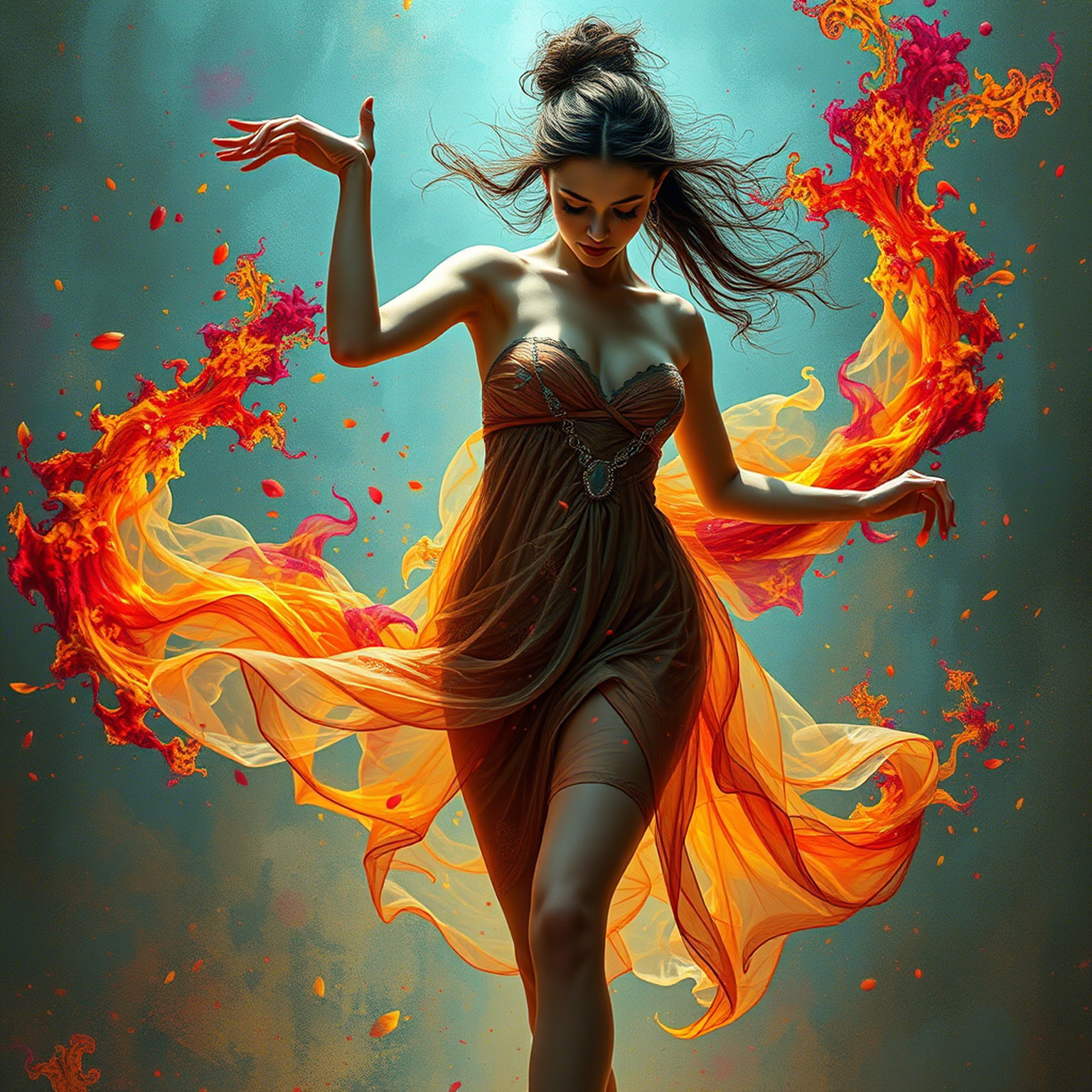 The mystic busty young sexy woman with Slavis features wears semi-transparent short dress and dances