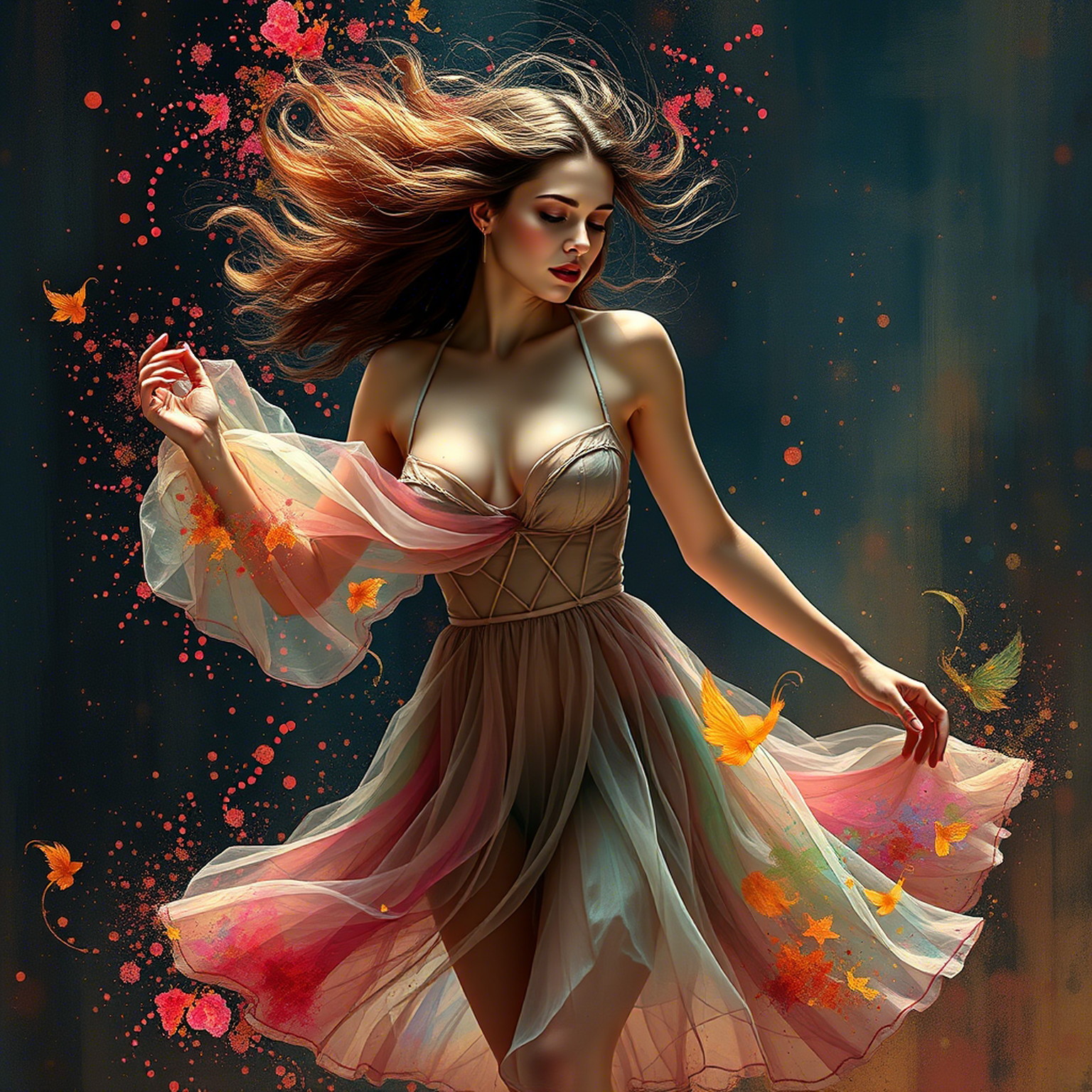 The mystic busty young sexy woman with Slavis features wears semi-transparent short dress and dances
