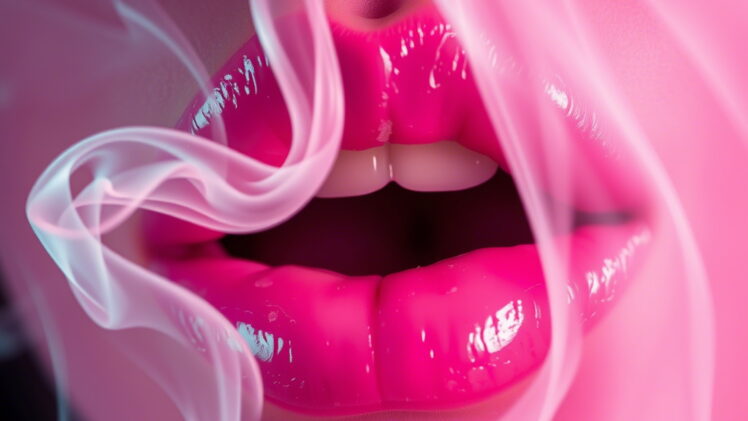 Close-up of glossy pink lips, partially open, surrounded by wisps of soft, pastel smoke. The dark background creates a striking