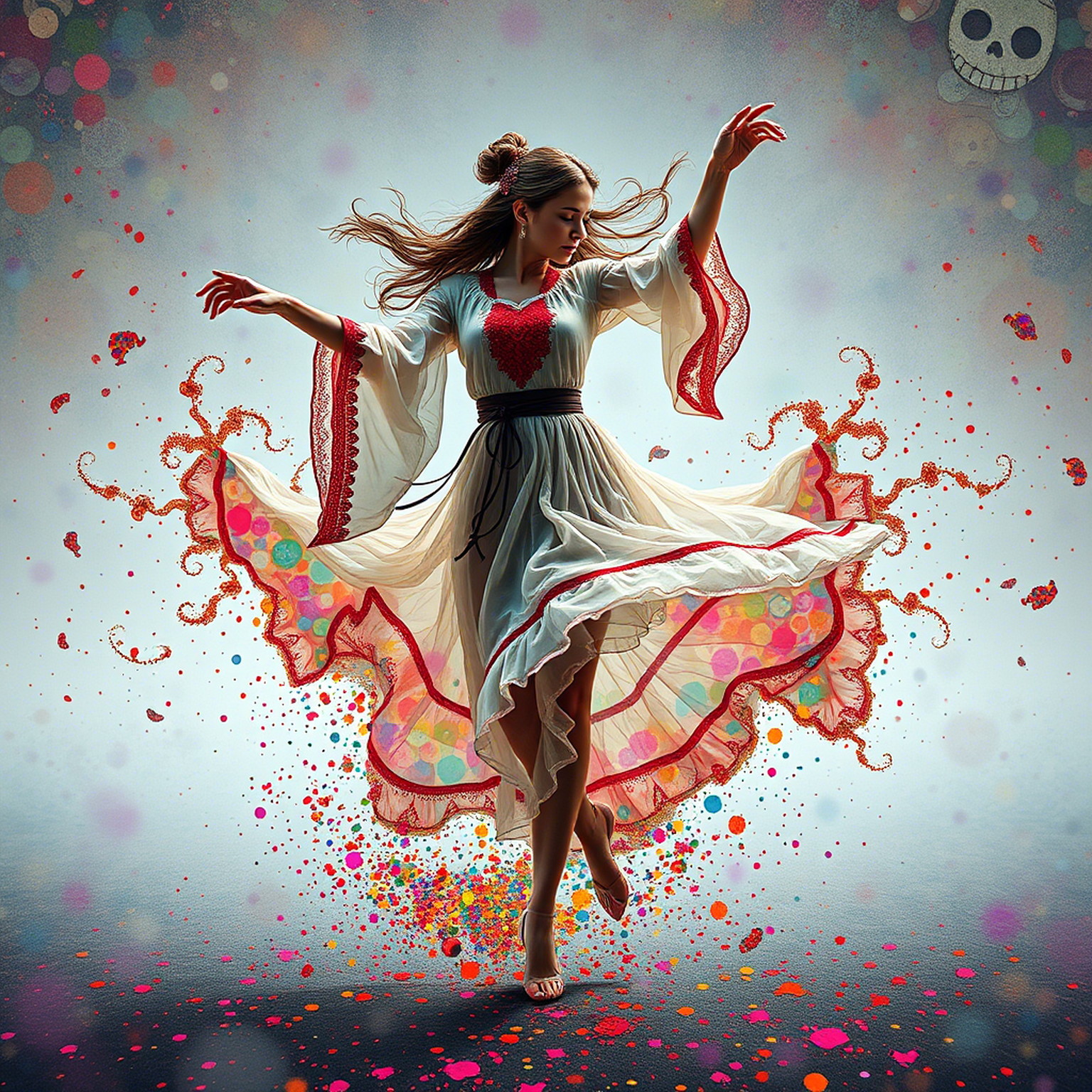 The mystic busty young sexy woman with Slavis features wears semi-transparent short folk outfit and dances