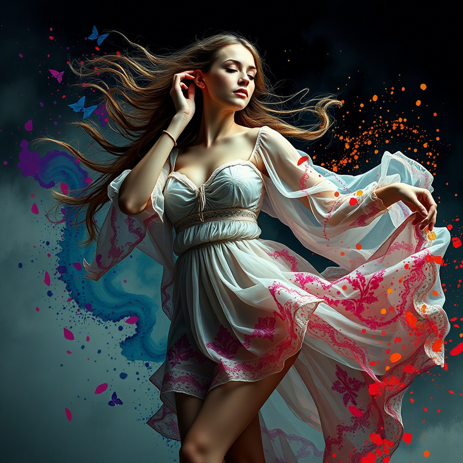 The mystic busty young sexy woman with Slavic features wears semi-transparent Slavic folk short outfit and dances