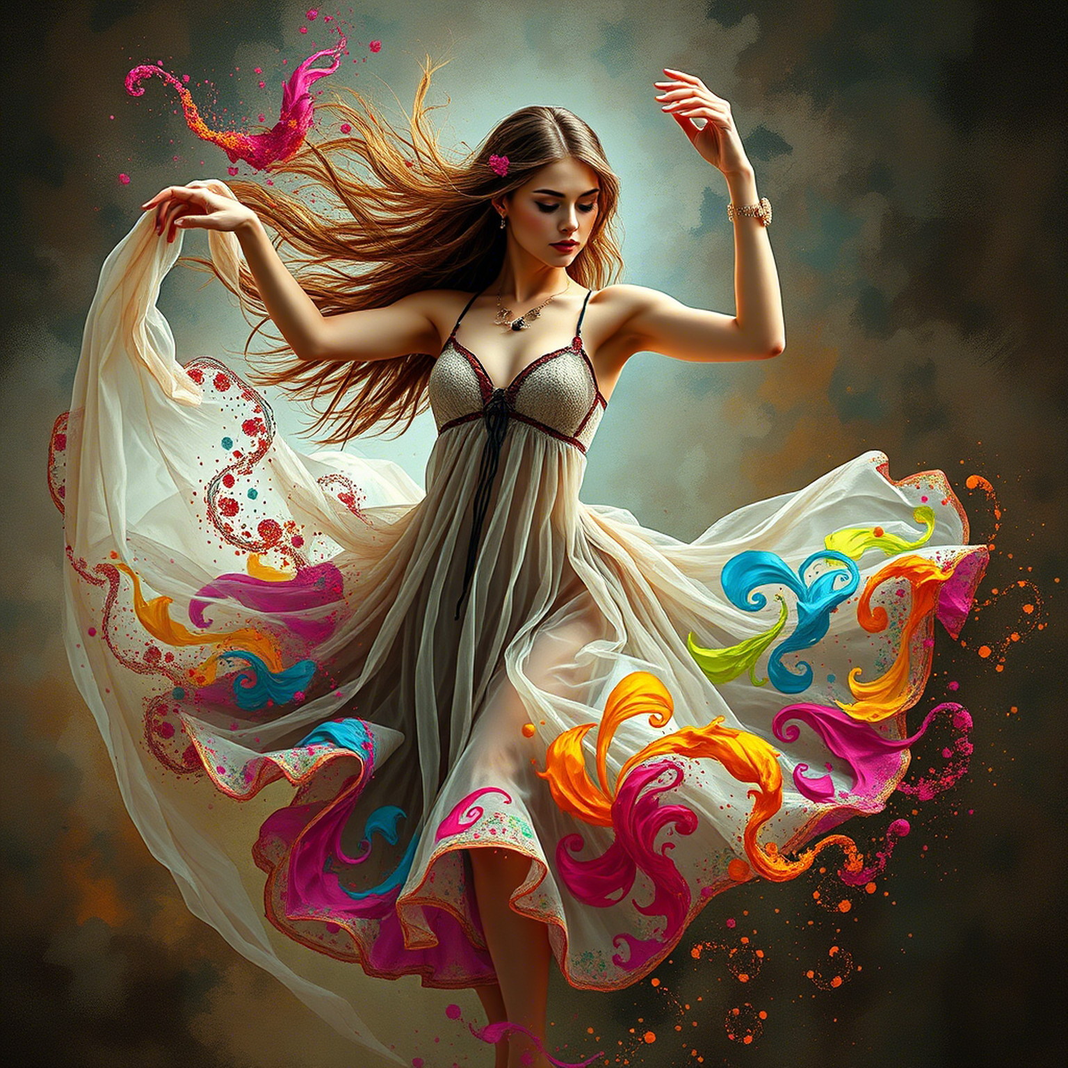The mystic busty young sexy woman with Slavic features wears semi-transparent Slavic folk short outfit and dances