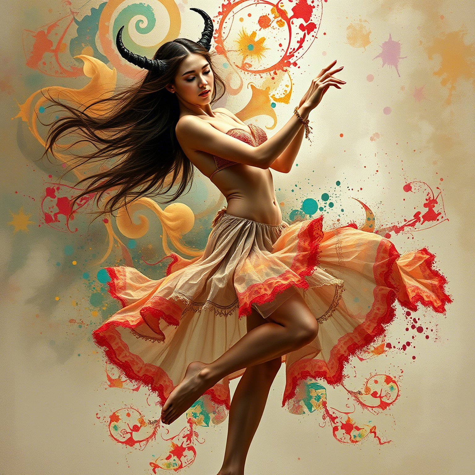 The succubus busty young sexy woman with Slavic features wears semi-transparent Slavic folk short outfit and dances