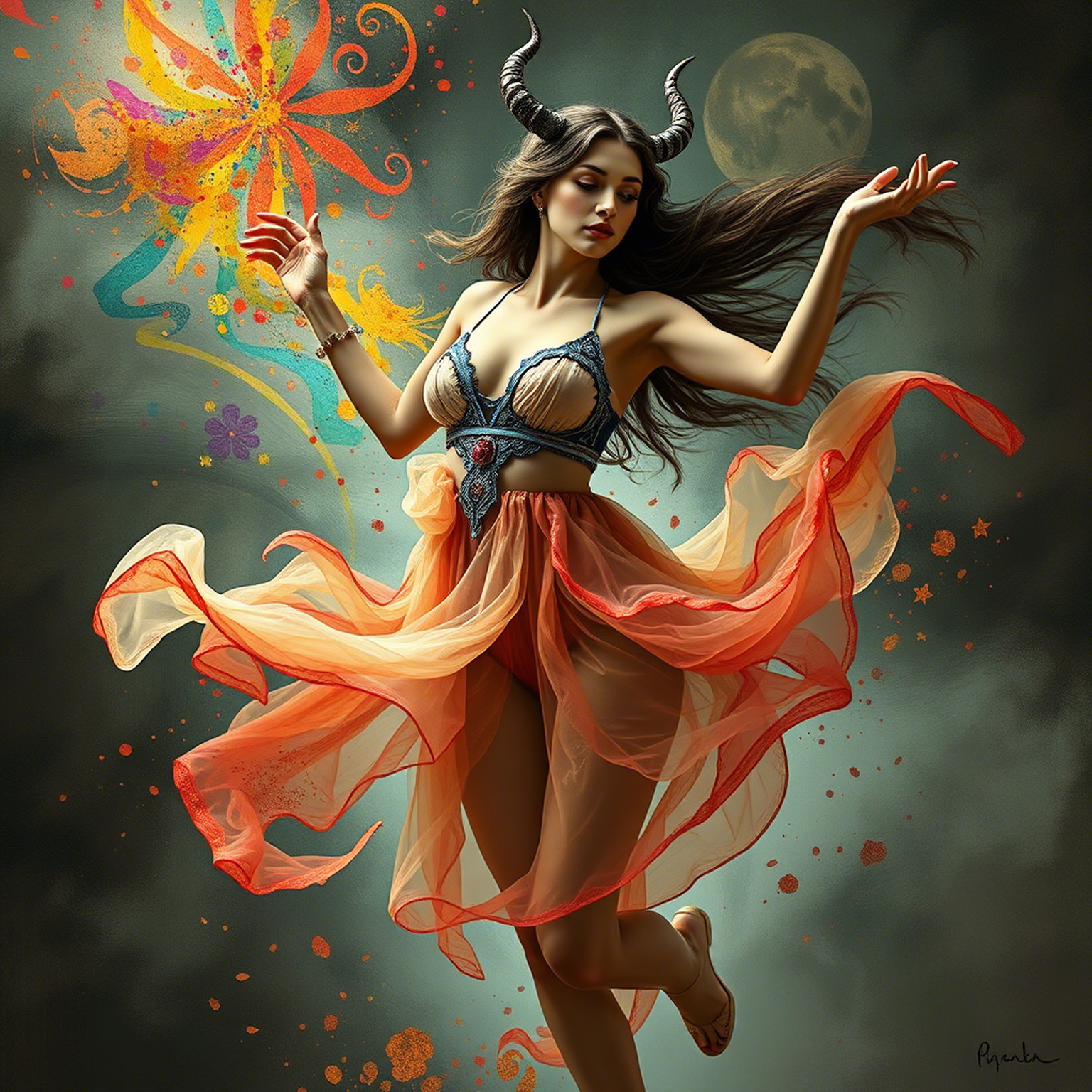 The succubus busty young sexy woman with Slavic features wears semi-transparent Slavic folk short outfit and dances