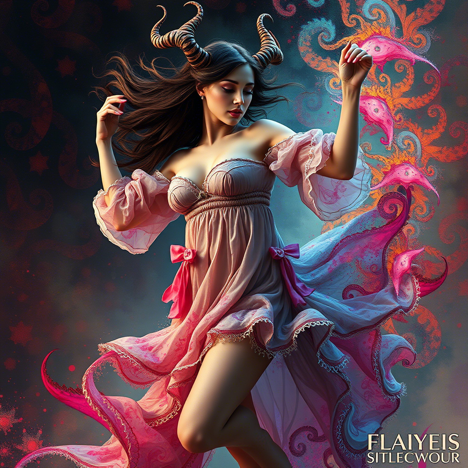 The succubus busty young sexy woman with Slavic features wears semi-transparent Slavic folk short outfit and dances
