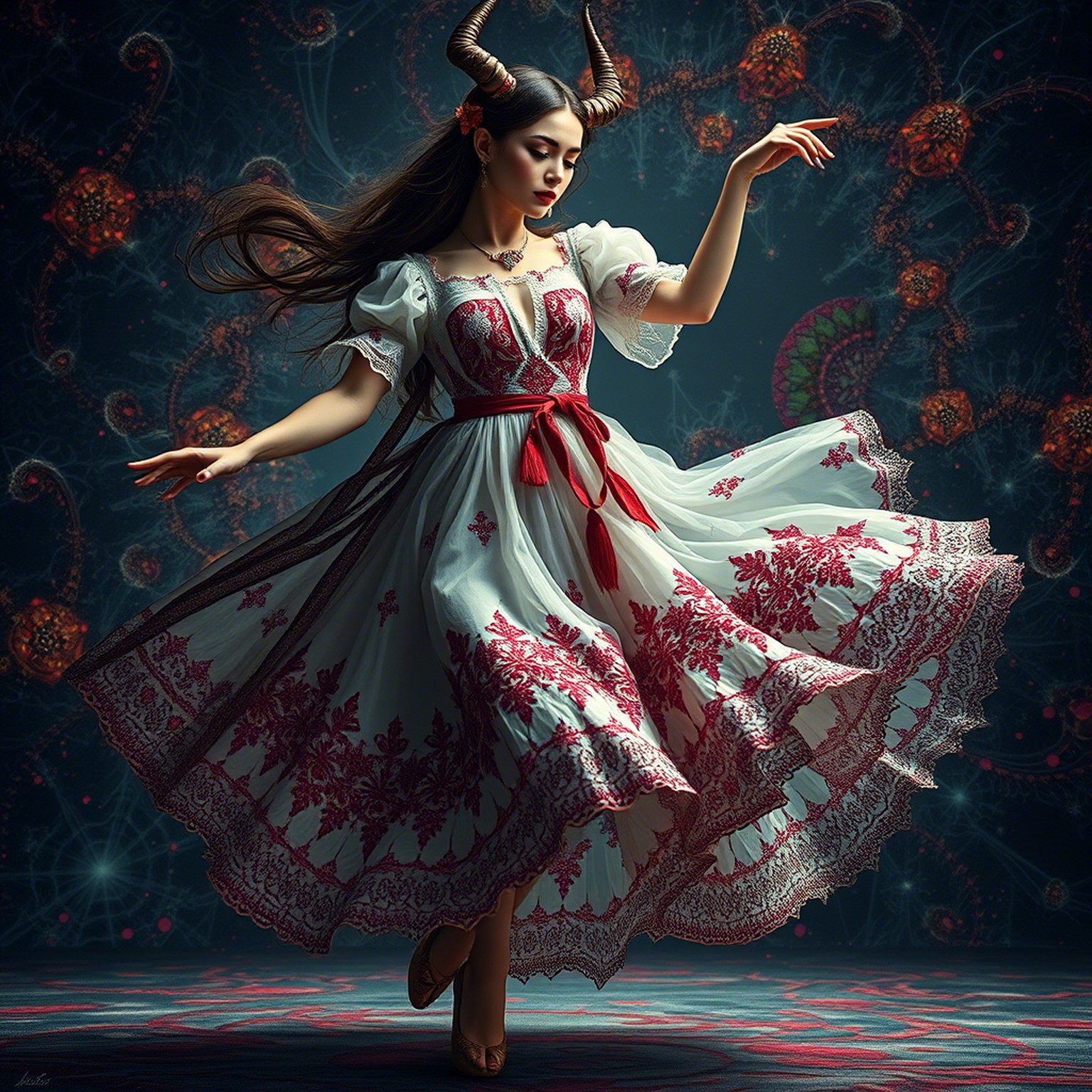 The succubus busty young sexy woman with Slavic features wears semi-transparent Slavic folk short outfit and dances