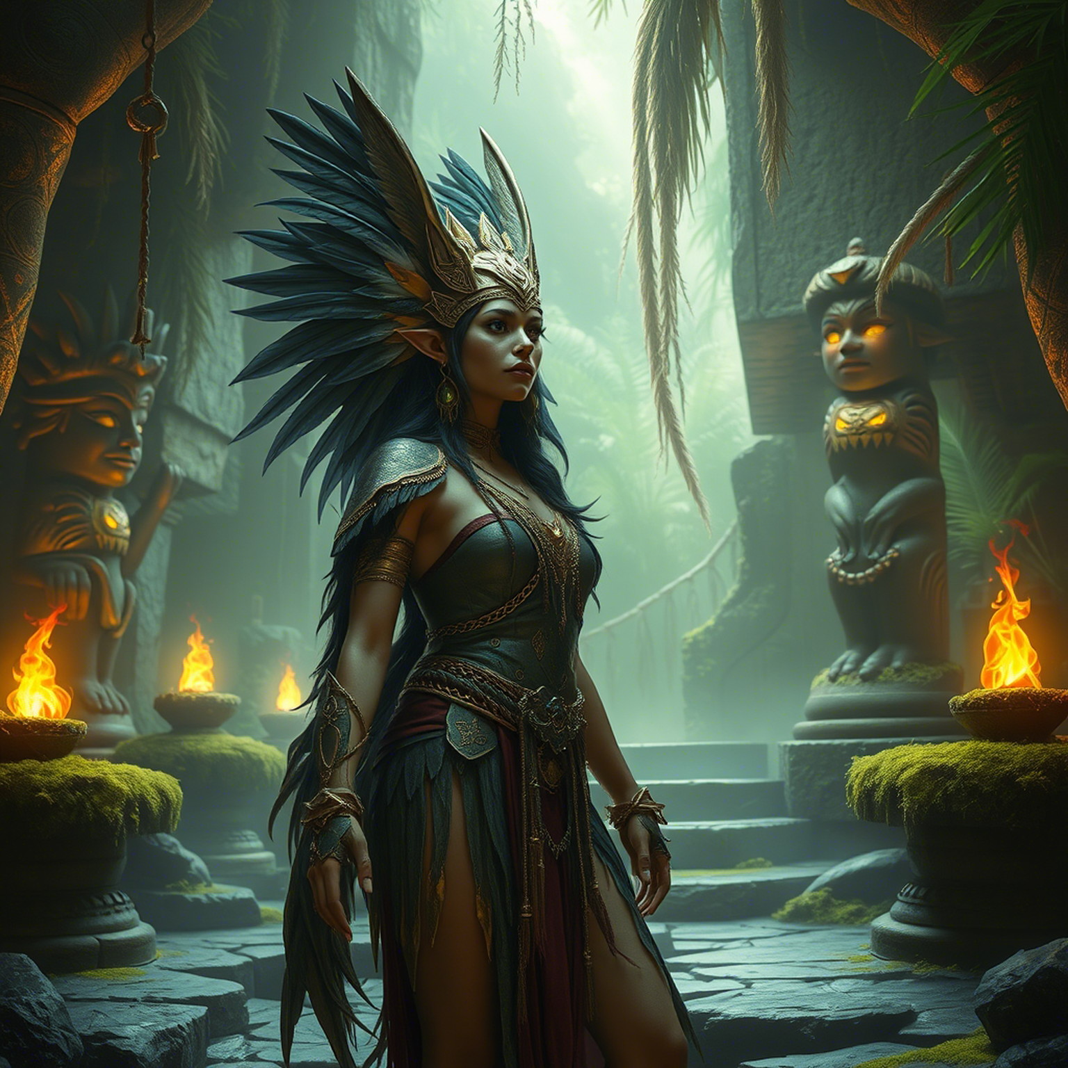 Nyra, a shapeshifter priestess in a jungle temple, feathers and gold adorning her attire, glowing totems casting eerie light across