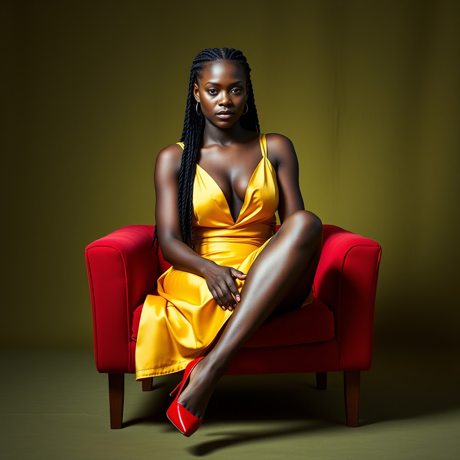 A beautiful dark skinned woman with long black braided cornrow hair and high cheekbones