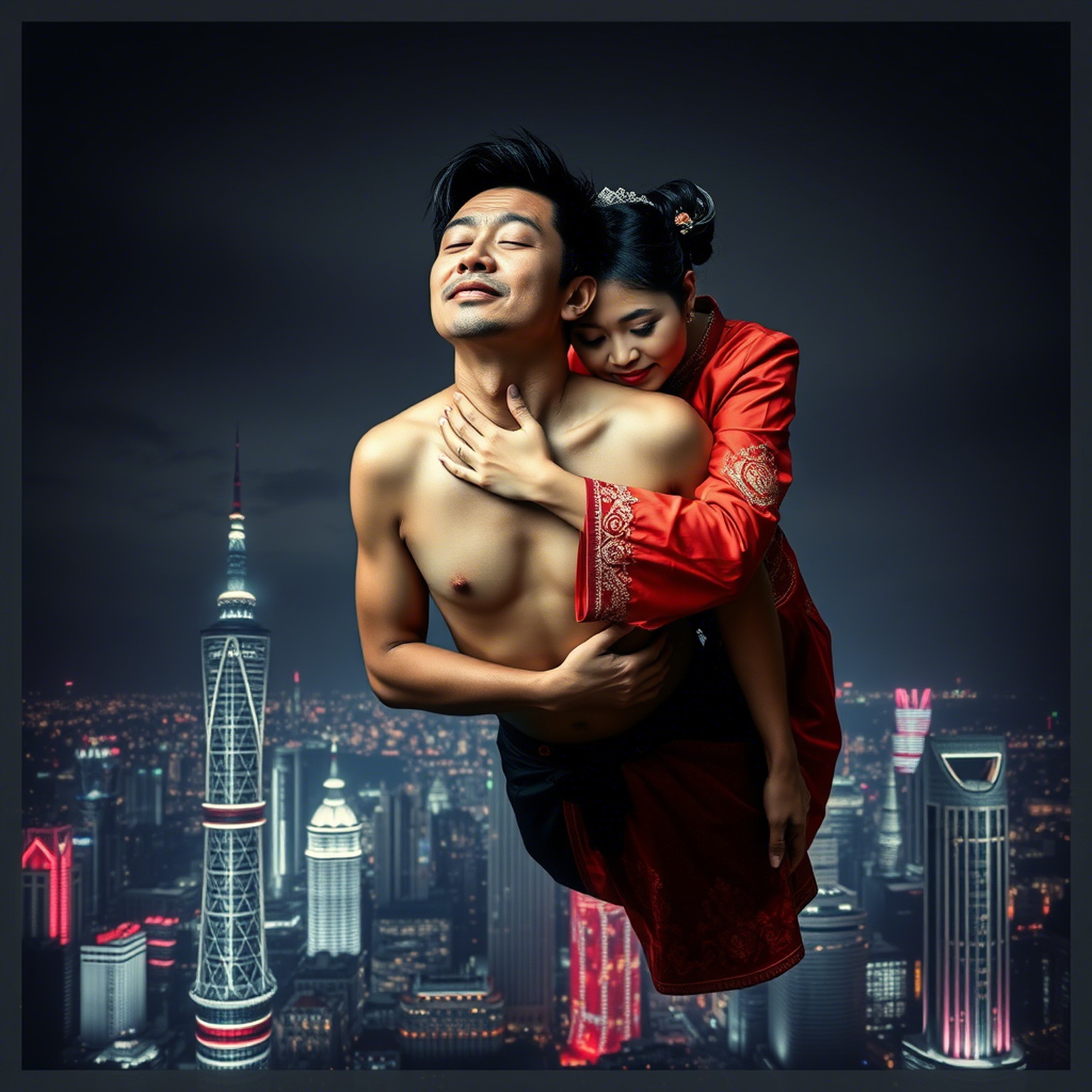 Double exposure of a tired Thai man floating in the sky