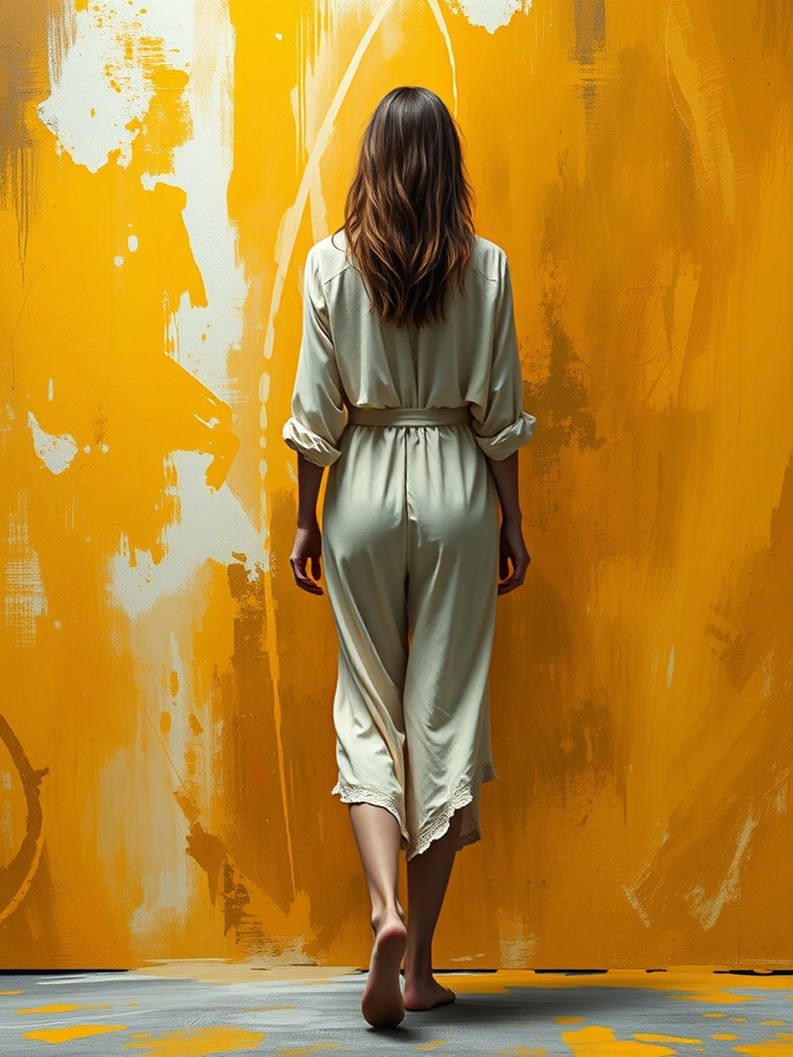 A woman, positioned centrally, is depicted in a vibrant abstract painting.She is very tall, long hairs waist length .The woman