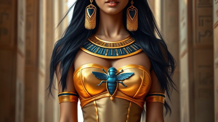 A stunning, highly detailed full-body portrait of a beautiful Asian lady embodying an ancient Egyptian queen or deity, reminiscent of