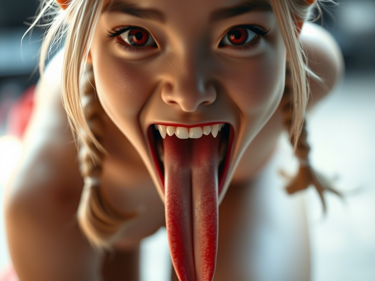 Hyper-realistic, close-up portrait of an Asian demonic 18-year-old woman with kneeling, open-mouthed, with fangs looking at the camera from above