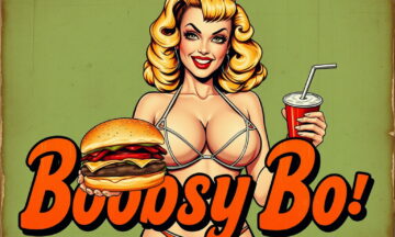 A vintage poster in postapo PC game style with weathered canvas ofa busty pin-up girl with blonde curly hair