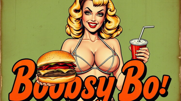 A vintage poster in postapo PC game style with weathered canvas ofa busty pin-up girl with blonde curly hair