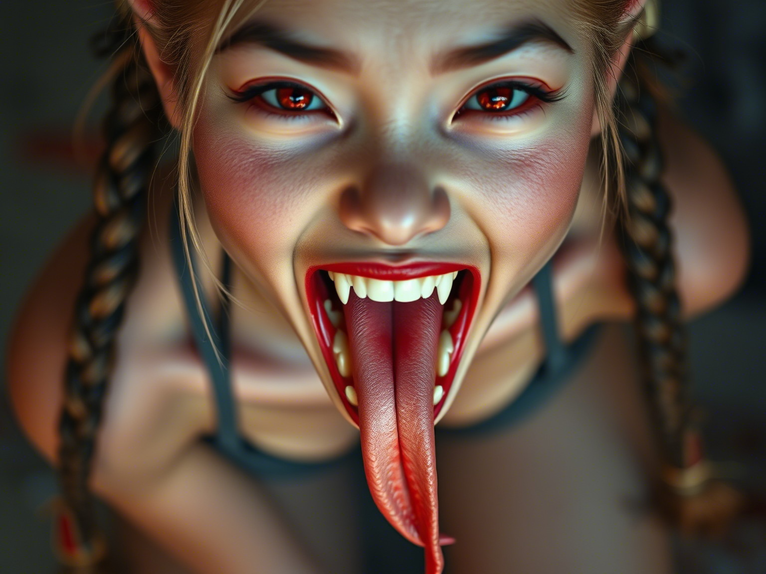 Hyper-realistic portrait of an Asian demonic 18-year-old woman with kneeling, open-mouthed, with fangs looking at the camera from above. Long