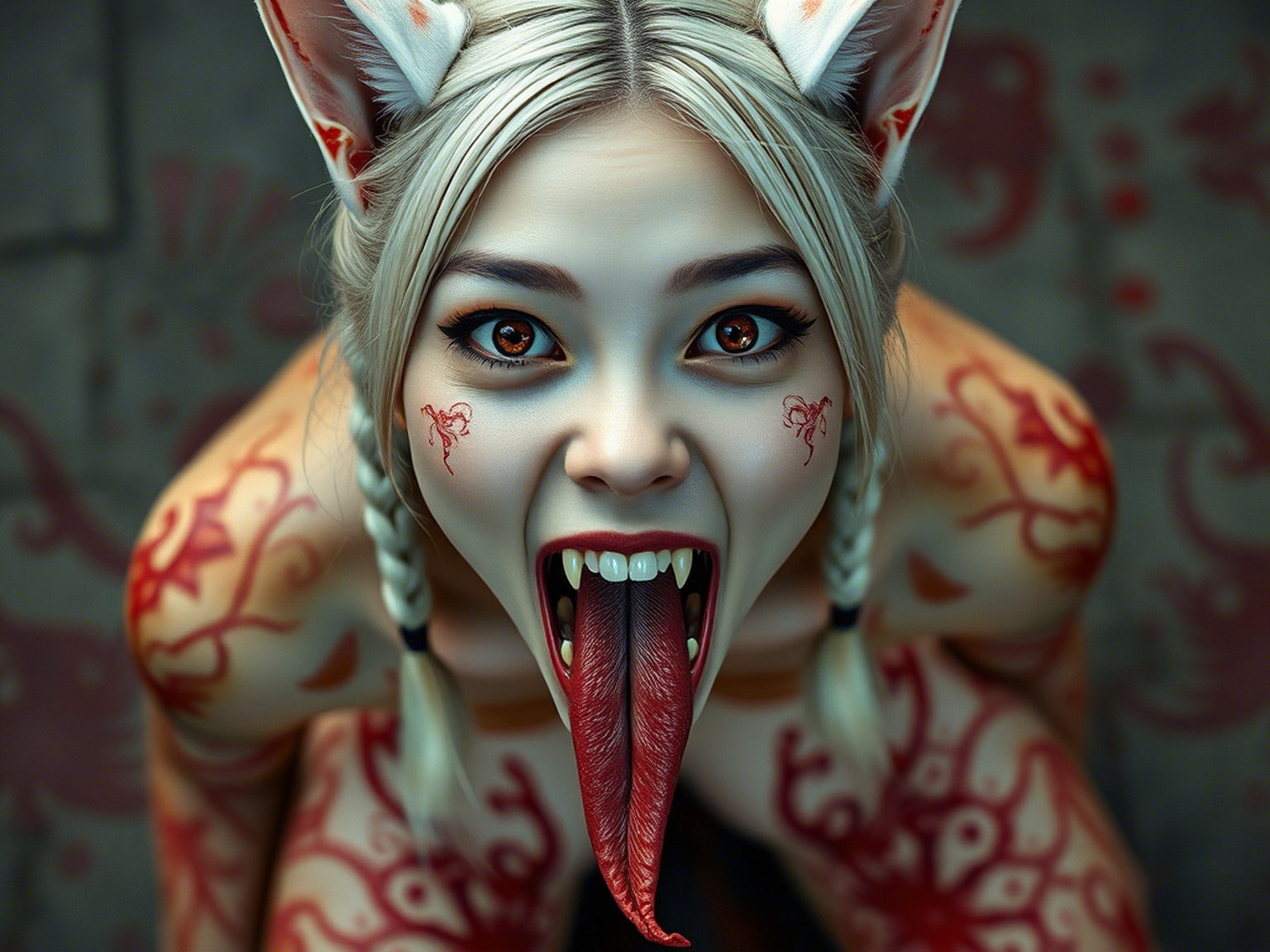 Hyper-realistic portrait of an Asian demonic 18-year-old woman with kneeling, open-mouthed, with fangs looking at the camera from above. Long