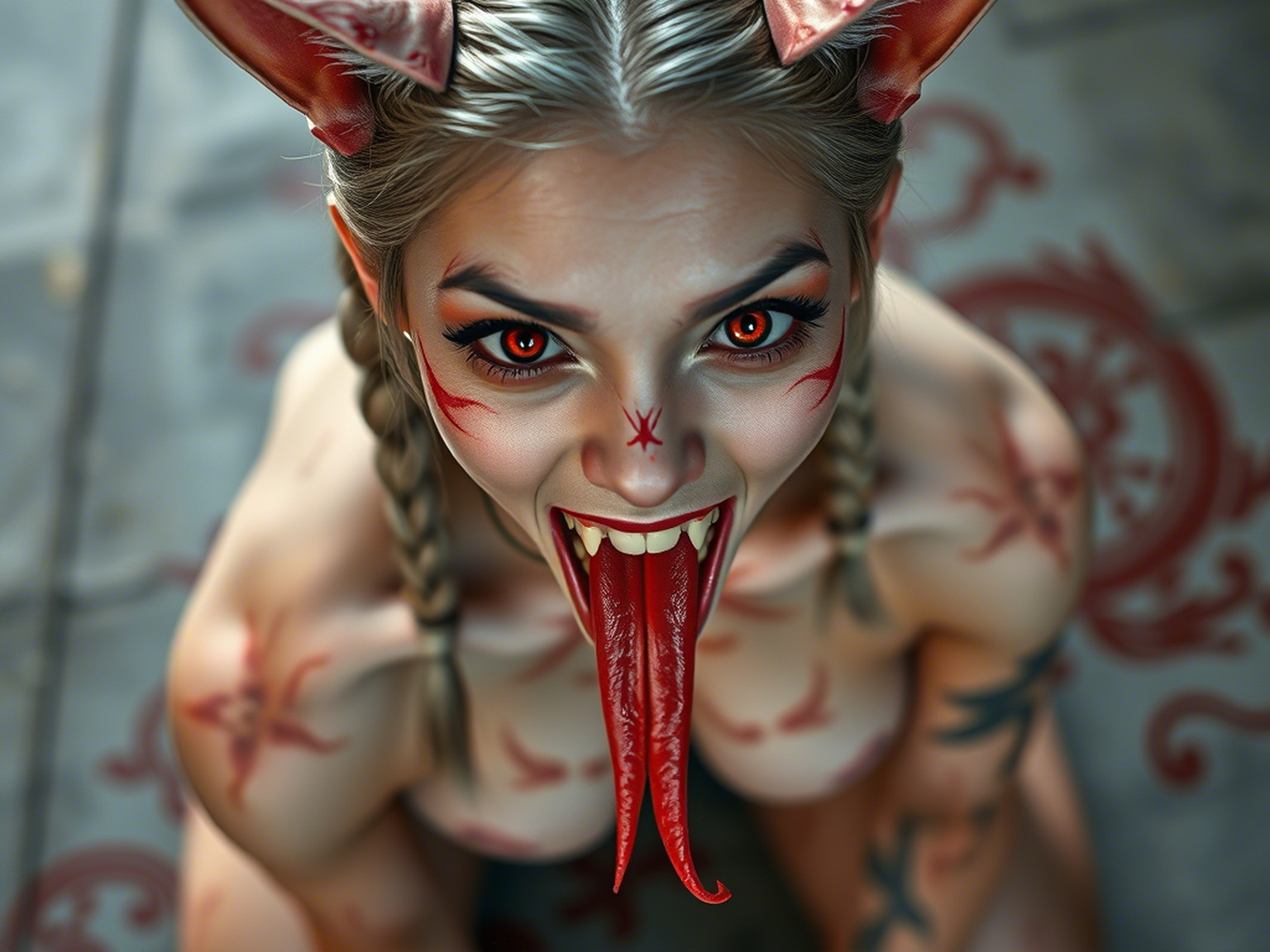 Hyper-realistic portrait of an Asian demonic 18-year-old woman with kneeling, open-mouthed, with fangs looking at the camera from above. Long