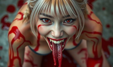Hyper-realistic portrait of an Asian demonic 18-year-old woman with kneeling, open-mouthed, with fangs looking at the camera from above. Long