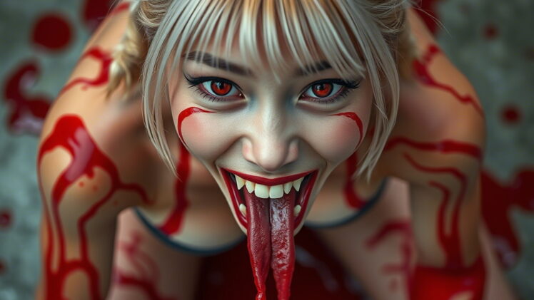 Hyper-realistic portrait of an Asian demonic 18-year-old woman with kneeling, open-mouthed, with fangs looking at the camera from above. Long